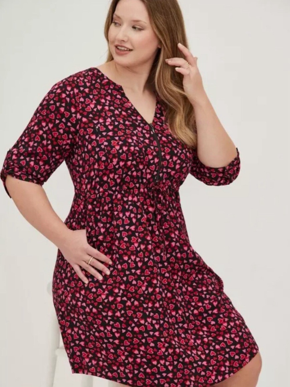 Torrid Womens Heart Print Stretch Challis Zip Front Shirt Dress Black Red Pink 0